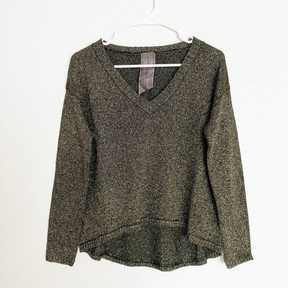 Gold Metallic Sweater Pullover V-Neck High-Low Hem Glitter Moon Collection Sz S